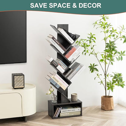 Yoobure Tree Bookshelf - 6 Shelf Retro Floor Standing Bookcase, Tall Wood Book Storage Rack for CDs/Movies, Utility Book Organizer Shelves for Bedroom, Living Room, Home Office, Dark Grey