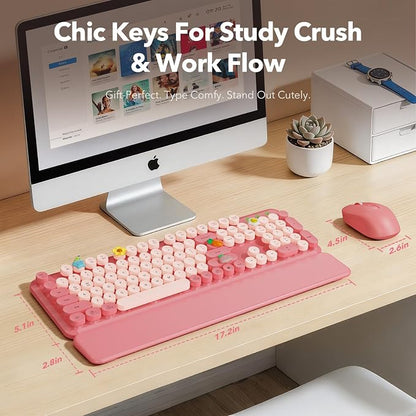Wireless Keyboard and Mouse Combo, Cute Full-Size Retro Typewriter Keyboard with Round Keycaps, Magnetic Wrist Rest, Tilt Legs, 2.4GHz Cordless for Mac, Windows PC, Laptop, SABLUTE CK23, Baby Pink