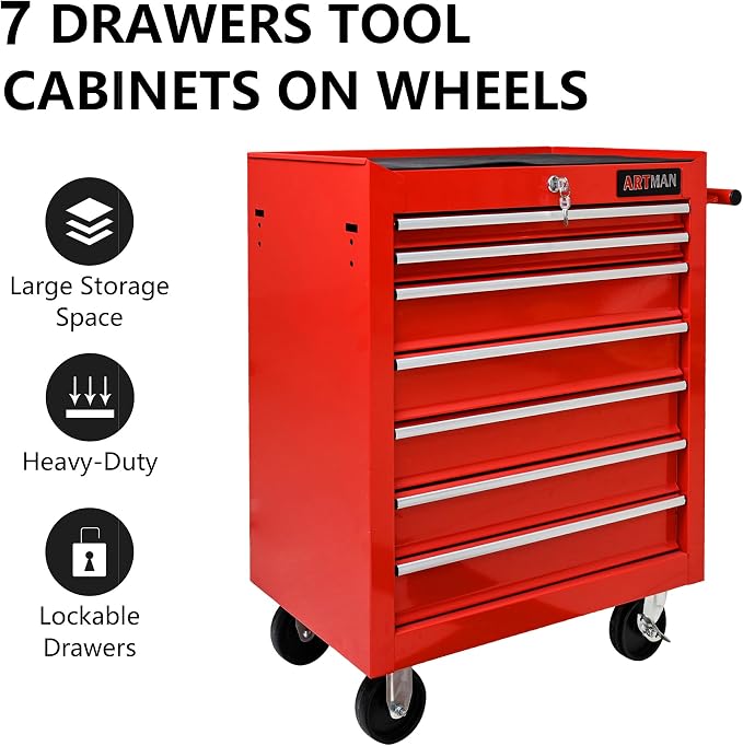 RYH 7 Drawers Rolling Tool Chest & Tool Box on Wheels | Heavy Duty Metal Cart with Ball Bearing Drawers | Fits US General Tool Box for Garage Storage (Red, 7 Drawers（29.6" H × 24.4" W × 13" D)