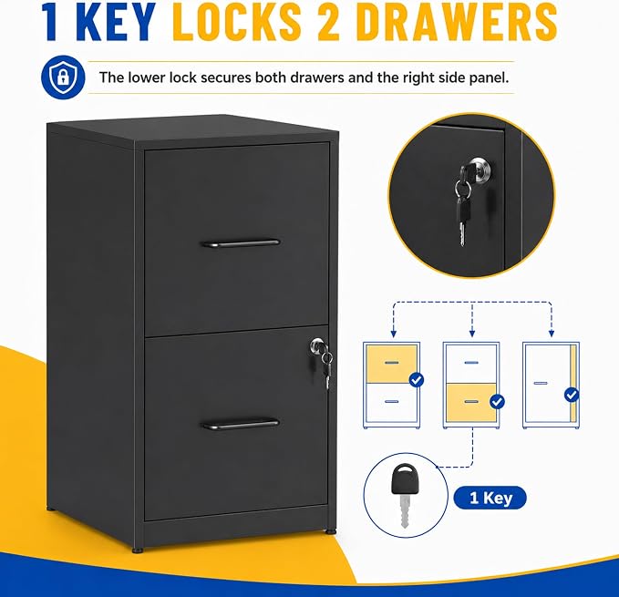 SAWJEC 2 Drawer File Cabinet with Lock, Small Metal Filing Cabinet for Home Office, Vertical Locking File Cabinet with Letter Size Hanging Files, Black, 25.6" H x 15.0" W x 17.7" D