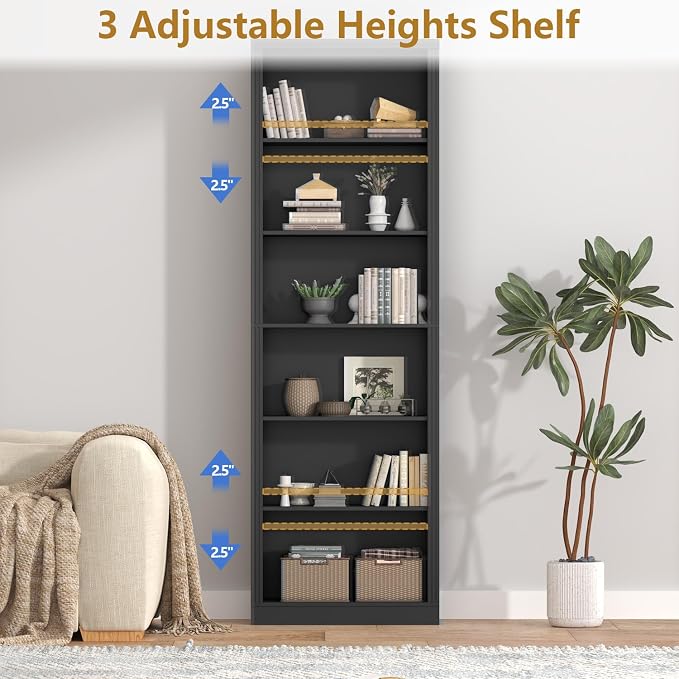 Thacuok Black Bookshelf, 75" Tall Bookcase, 6 Tier Adjustable Storage Shelves, Book Shelf with Anti-Tipping Device, Floor Standing Modern Display Rack for Living Room, Bedroom, Office
