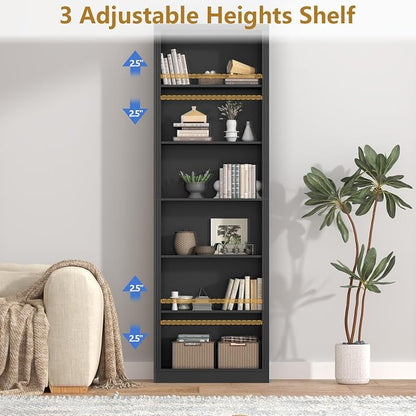 Thacuok Black Bookshelf, 75" Tall Bookcase, 6 Tier Adjustable Storage Shelves, Book Shelf with Anti-Tipping Device, Floor Standing Modern Display Rack for Living Room, Bedroom, Office