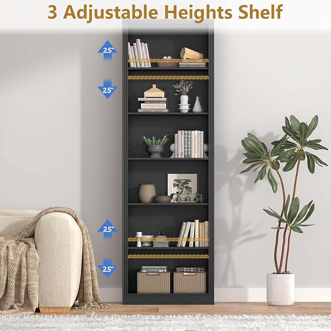Thacuok 75" Tall Bookshelf Set of 2, 6 Tier Bookshelf with Adjustable Shelves, Bookcase with Anti-Tipping Device, Floor Standing Modern Display Rack,Book Shelf for Living Room, Bedroom, Office, Black