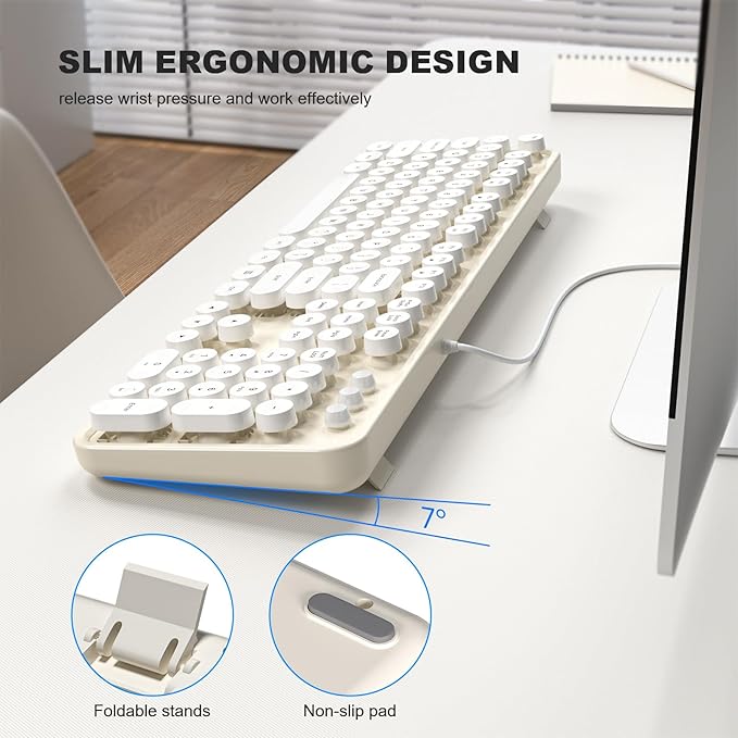 MOWUX Computer Keyboard Wired, Plug and Play USB Retro Round Typewriter Keyboard, Full Size Wired Keyboard with Foldable Stands for Laptop and Office PC- White