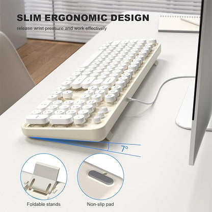 MOWUX Computer Keyboard Wired, Plug and Play USB Retro Round Typewriter Keyboard, Full Size Wired Keyboard with Foldable Stands for Laptop and Office PC- White