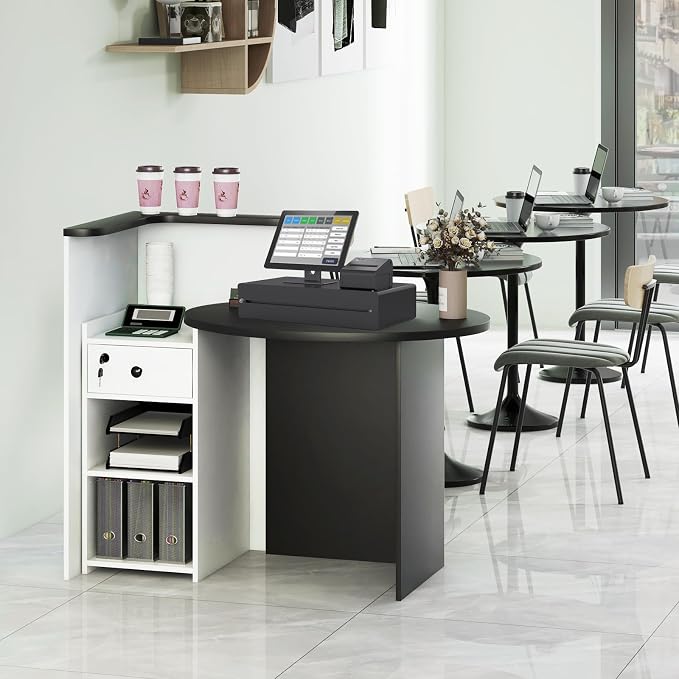Giantex Reception Desk, Front Counter Desk with Lockable Drawer, Checkout Table with Round Tabletop, Corner Shelf & Adjustable Shelf for Office Beauty Salon Retail Store (White & Black)