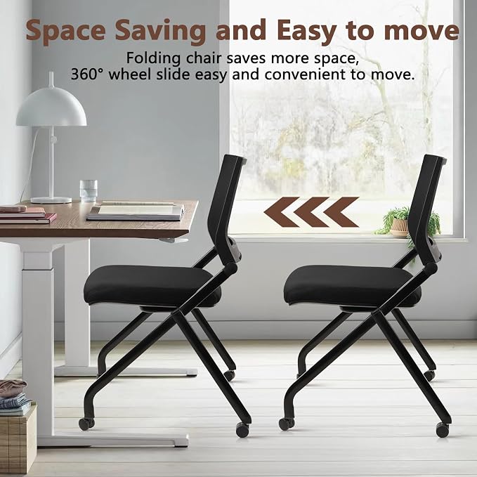 CLATINA Stackable & Foldable Conference Room Chairs, Waiting Room Chairs with Wheels & Lumbar Support, Ergonomic Mesh Bouncing Back Folding Chair for Office Meeting Schools Training Room, Black(2pk)