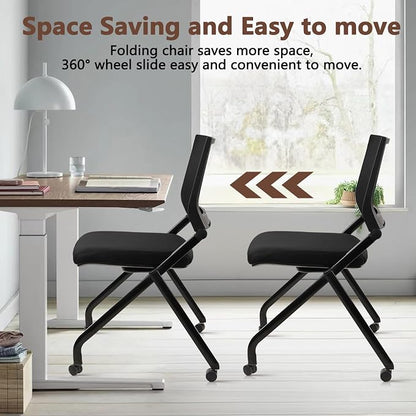 CLATINA Stackable & Foldable Conference Room Chairs, Waiting Room Chairs with Wheels & Lumbar Support, Ergonomic Mesh Bouncing Back Folding Chair for Office Meeting Schools Training Room, Black(2pk)