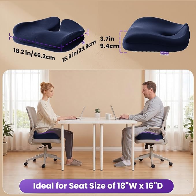 ZZ-WELL Seat Cushions for Office Chairs, Patented Pressure Relief Coccyx Cushion for Tailbone Pain, Memory Foam Butt Pillows for Wheelchair Car Sitting, Carrying Handle, Non-Slip (Navy Blue, Large)