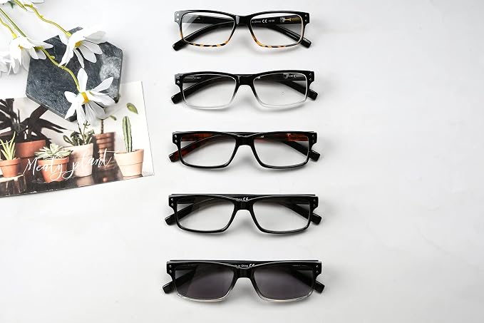 Eyekepper Men's Reading Glasses +4.00 5-Pack Includes Sunglasses | Spring Hinges - Durable Plastic Frames with Comfortable Fit & Clear Lenses, Ideal for Reading
