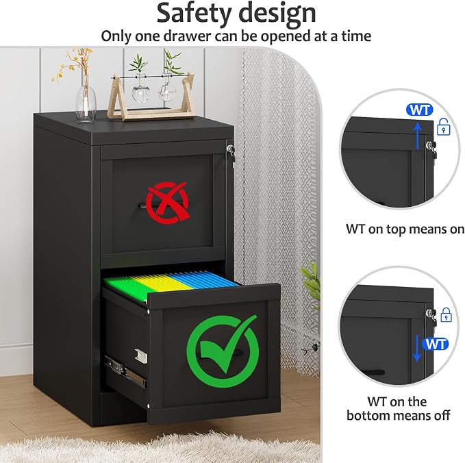 Small Metal 2-Drawer File Cabinet, Under-Desk Filing Cabinet, Black | Locking, Adjustable Hanging Rail, Fit A4, FC, Letter, Hanging File Folders for Home Office Storage Organization, 1PS
