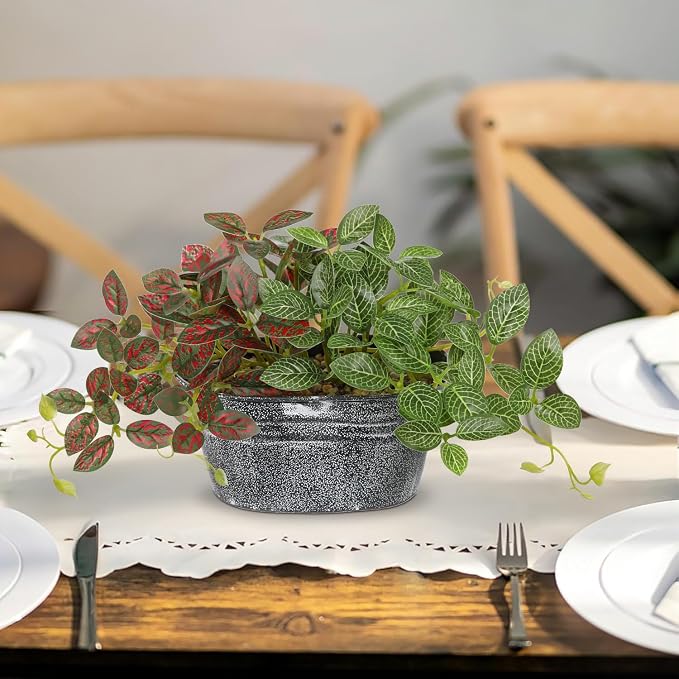 Artificial Plants Indoor 5.9" Faux Plant in Metal Pot, Small Fake Potted Plants with 2 Mixed Leaves Greenery Silk Plant for Living Room Desk Office Table Kitchen Farmhouse Shelf Home Vintage Decor
