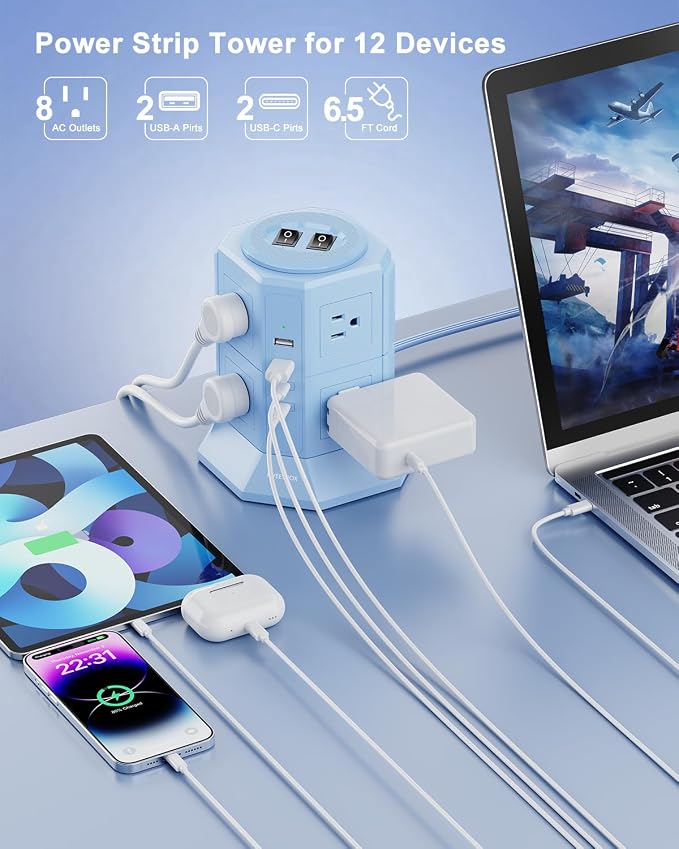 Surge Protector Power Strip Tower with 8 AC Outlets 4 USB Ports(2 Type C), 6.5 FT Ultra Flat Extension Cord with Multiple Outlets, Charging Station with Surge Protection for Family, Office, Dorm