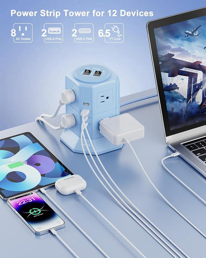 Surge Protector Power Strip Tower with 8 AC Outlets 4 USB Ports(2 Type C), 6.5 FT Ultra Flat Extension Cord with Multiple Outlets, Charging Station with Surge Protection for Family, Office, Dorm