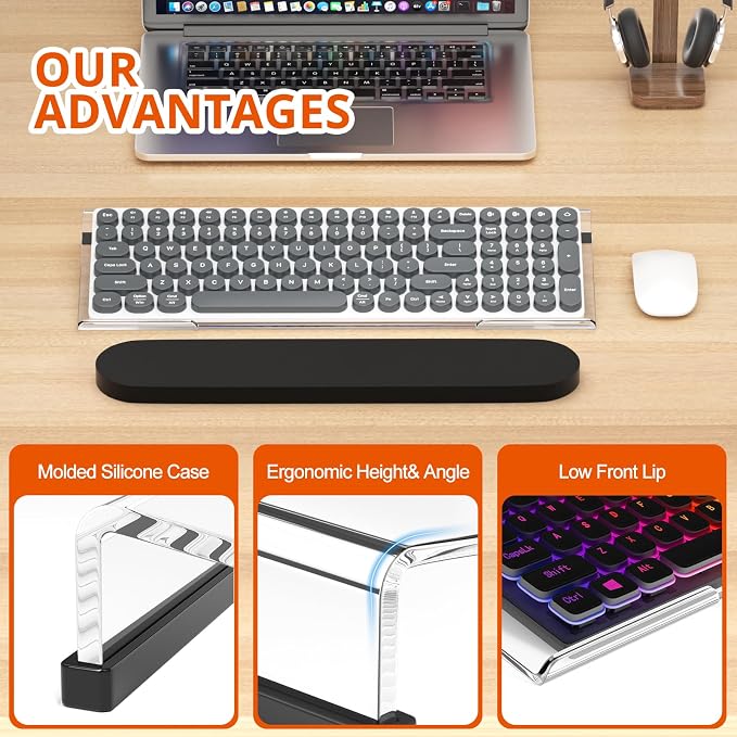 Richboom Ergonomic Computer Keyboard Stand - Tilt PC Keyboard Stand Riser for Easy Typing, Acrylic Keyboard Tray Holder for Office Desk, Home, School, with Silicone Anti-Slip Case, Clear