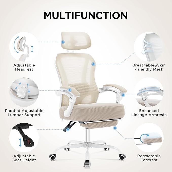 Ergonomic Office Chair with Footrest,Ultra Thick Reclining Desk Chair with Adjustable 2D Lumbar Support and Headrest,Spring Cushion,High Back Premium Mesh Computer Chair,Cream