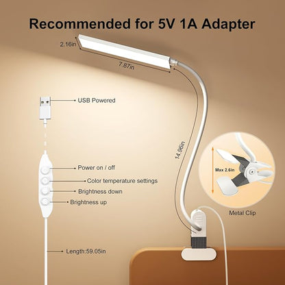 Vansuny Clip on Light LED Desk Lamp with Metal Clip, 6 Level Brightness 3 Color Modes, Power by USB Port 5W Adjustable Neck Eye-Caring Reading Light for Home and Office, White