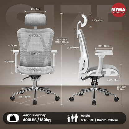 naspaluro Ergonomic Office Chair Mesh Desk Chair with Adjustable Headrest Lumbar Support 3D Armrest 90-135° Reclining Chairs for Home Office, Study, Work & Gaming (Grey)