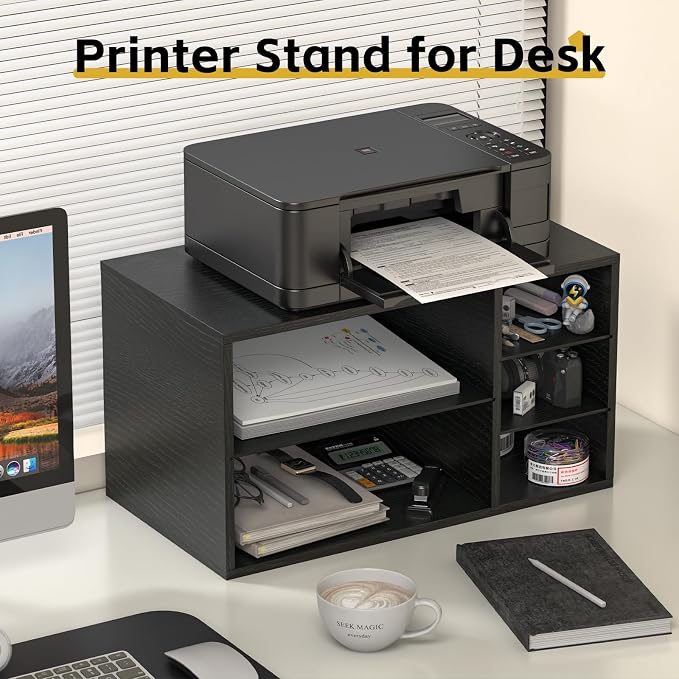 MARTY Printer Stand with Storage for Desk Large Desktop Printer Stand Desk Organizer with Paper Storage Holder File Organizer Wooden Printer Shelf Riser for Home/Office, Black