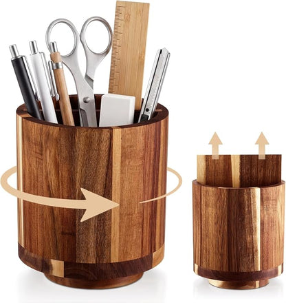Fullhawl Wooden Rotating Pen Holder 360 Degree Spinning Desk Organizer with Removable Divider Large Pencil Cup for Pens Markers Scissors Art Supplies Office Study Home Desk Craft Room Storage