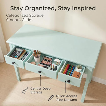 STHOUYN Small Green Writing Desk with Drawers, Vanity Table for Bedroom | Small Farmhouse Makeup Vanity Desk No Mirror, Adult/Student Writing Desk with Drawers for Small Spaces, Home Office, Study