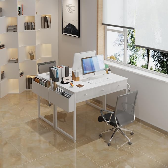 Lufeiya Small White Computer Desk with Drawers for Home Office Bedroom, 40 Inch Vanity Desk with Fabric Drawer Storage and Side Pouch, Study Writing Table, White