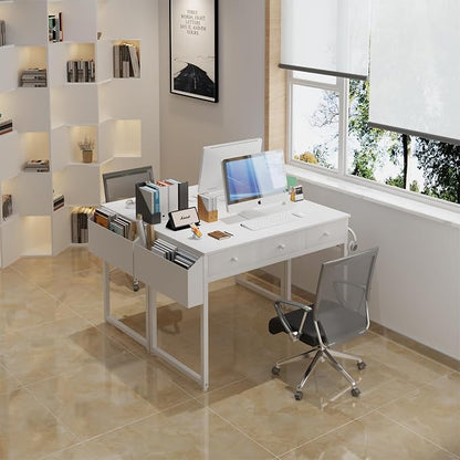 Lufeiya Small White Computer Desk with Drawers for Home Office Bedroom, 40 Inch Vanity Desk with Fabric Drawer Storage and Side Pouch, Study Writing Table, White