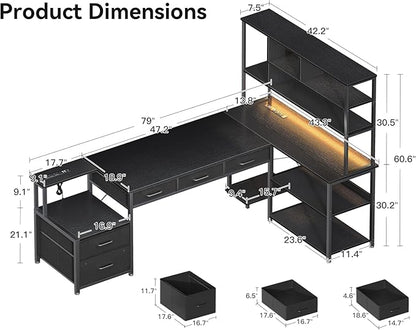 AODK 79 inch L Shaped Desk with 5 Drawers, Reversible L Shaped Gaming Desk with LED Light & 2 Power Outlets, Computer Desk with Storage Shelves for Home Office, Black