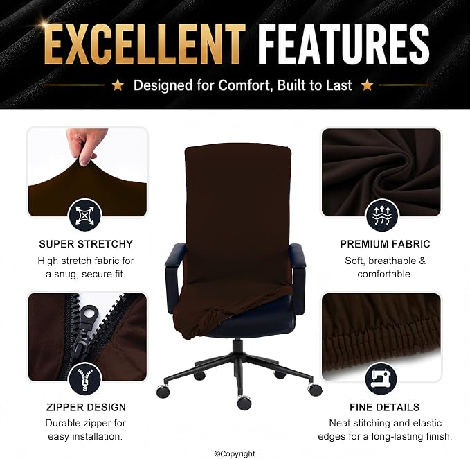 DIVA EN CAMINO DEC Stretchable Office Chair Cover with Durable Zipper, Soft Slipcover for Computer Desk Chair, Brown