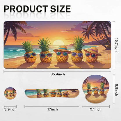 Britimes Summer Pineapple Keyboard Mouse Pad Set Funny Tropical Coastal 4in1 Large Mousepad+Keyboard Wrist Rest+Mouse Wrist Rest+Coaster Ergonomic Design for Home Office Computer 35.4x15.7 inches