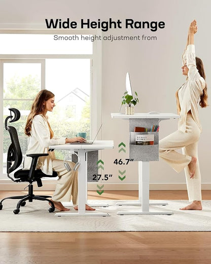 HUANUO Electric Standing Desk, 48 x 28 Inch Height Adjustable Computer Desk with Storage Bag, 4 Height Memory Settings, Sit Stand Up Desk for Home Office, White