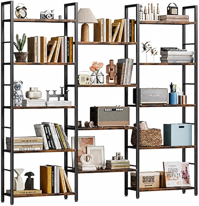 Shintenchi Triple 5 Tier Bookshelf, Industrial Large Bookcase with 14 Open Display Shelves, Large Etagere Bookshelf,Wide Book Shelf Book Case for Home & Office, Brown
