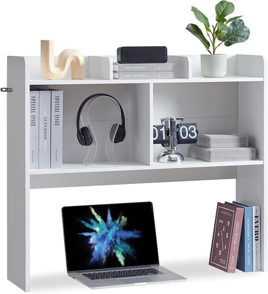Nromant Desktop Bookshelf, Wooden Desk Storage Hutch with 5 Shelves, 3-Tier Desktop Display Organizer Rack for Office Home (White, 5 Shelves B)