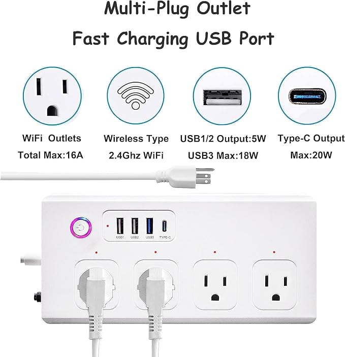 XENON Smart Plug Power Strip，Surge Protector with 4 Individually Controlled Smart Outlets, Voice Control,4 USBs (incl. 20W USB-C), Compatible with Alexa and Google Home,5Ft Extension Cord