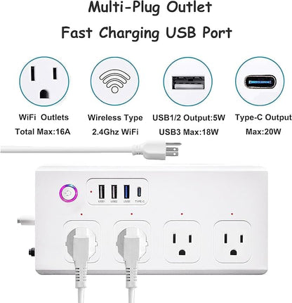 XENON Smart Plug Power Strip，Surge Protector with 4 Individually Controlled Smart Outlets, Voice Control,4 USBs (incl. 20W USB-C), Compatible with Alexa and Google Home,5Ft Extension Cord