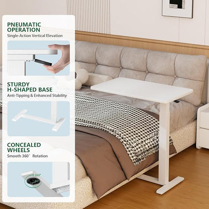 Ywin Medical Adjustable Overbed Bedside Table with Wheels, Rolling Standing Desk, Pneumatic Small Side Bed Table with Tray for Couch, Hospital, Home,Office Use (White)