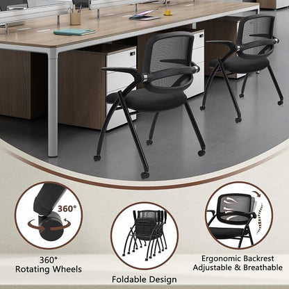 CLATINA Stackable & Foldable Conference Chair with Wheels, Ergonomic Mesh Back, 300lbs Capacity, Breathable Padded Seat, Adjustable Armrests, Office Chair for Reception, Training, Home, Black, 2PK