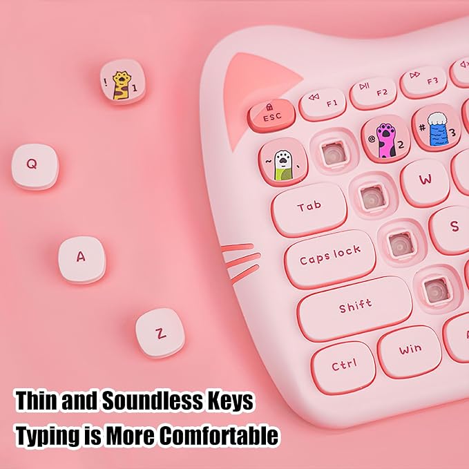 Cute Cat 2.4G USB Wireless Keyboard and Mouse Combo, Silent Keys, Candy Colors, Compatible with Notebook, PC (Pink-110Keys)