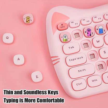 Cute Cat 2.4G USB Wireless Keyboard and Mouse Combo, Silent Keys, Candy Colors, Compatible with Notebook, PC (Pink-110Keys)