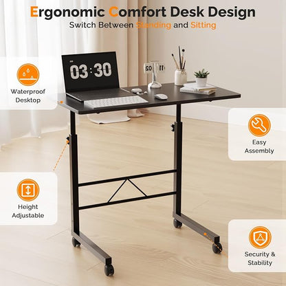 VINGLI Computer Workstation, Standing Desk Adjustable Height, Small Computer Desk w/Rolling, Sit Stand Laptop Desk TV Tray Computer Workstation for Bed Sofa Hospital Reading Eating, 31.5", Black