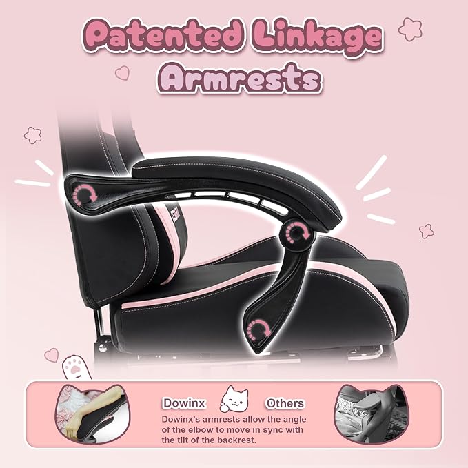 Dowinx Pink Gaming Chair with Cat Ears and Massage Lumbar Support, Ergonomic Computer Chair with Footrest and Headrest, Comfortable Reclining Game Chair 290lbs for Adults, Black