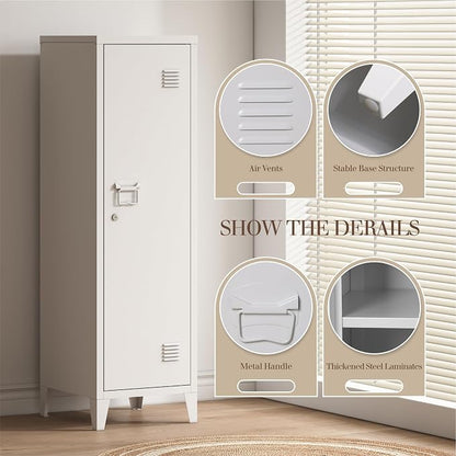 Locker Cabinet, 50" White Small Metal Locker Storage Cabinet for Employees with Locking Door and 2 Shelves Kids Locker Tool File Cabinets for Office, Garage