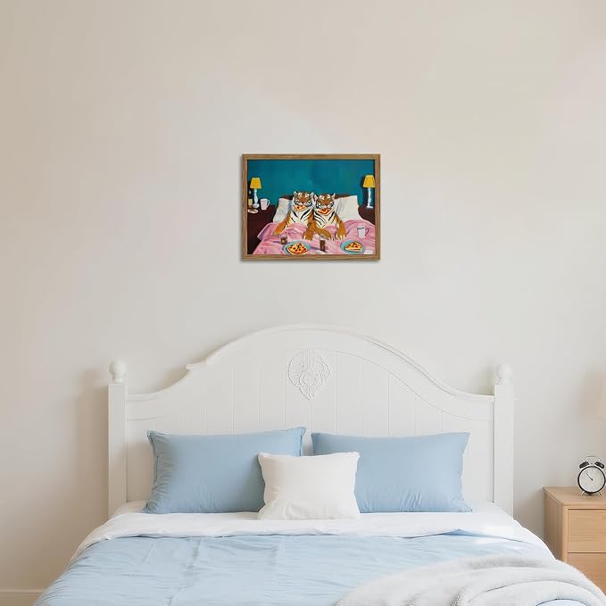 Framed Tiger Pizza Wall Art, Dopamine Wall Decor Canvas Print, Vintage Fun Tiger Eating Pizza in Bed Poster, Abstract Animal Picture Painting Art for Bedroom Living Room Home Decor 12x16 inch