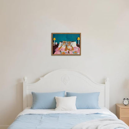 Framed Tiger Pizza Wall Art, Dopamine Wall Decor Canvas Print, Vintage Fun Tiger Eating Pizza in Bed Poster, Abstract Animal Picture Painting Art for Bedroom Living Room Home Decor 12x16 inch