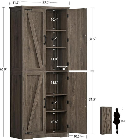 TEENFON Tall Storage Cabinet, Kitchen Pantry Cabinet with 4 Shelves, Adjustable Shelves, Pantry Cabinets with 4 Barn Doors, Tall Kitchen Cabinets for Dining Room, Living Room, Dark Walnut