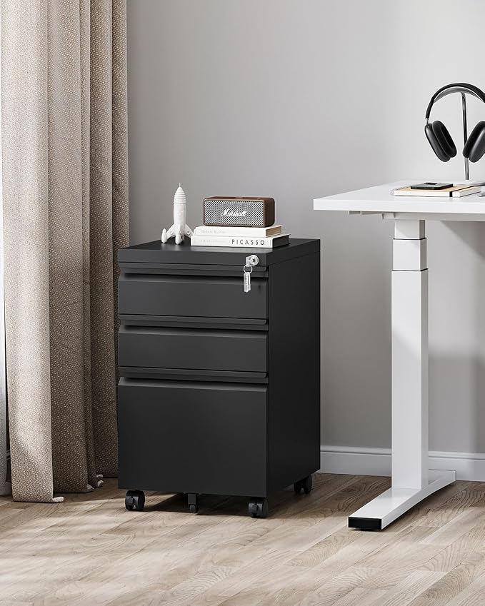PEUKC 3 Drawer File Cabinet with Lock, Metal Under Desk Rolling Filing Cabinet fits Letter/Legal/A4 Size for Home Office, Mobile Filing Cupboard, Black