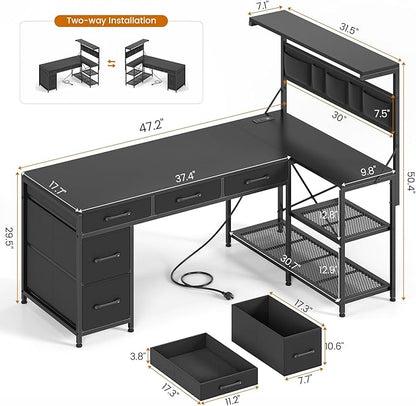 SEDETA L Shaped Gaming Desk, 47.2" Reversible Small Computer Desk with 5 Drawers and Storage Shelves, Corner Gaming Desk with LED Lights and Power Outlet, Black