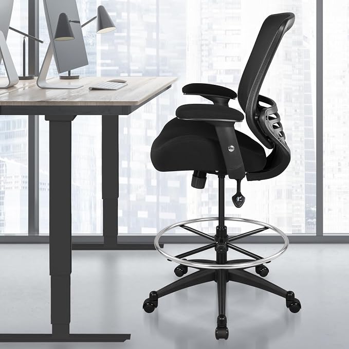 BOLISS 400lbs Mesh Ergonomic Office Drafting Chair Big Adjustable Foot Ring Height Adjustable Armrest(Black)