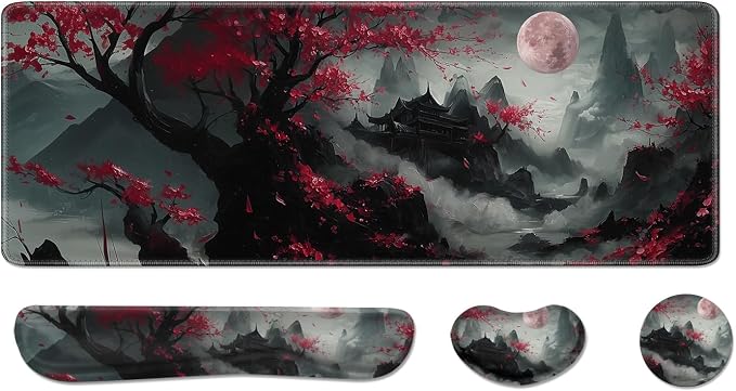 Desk Pad and Keyboard Wrist Rest,Janpense Large Mouse Pad + Keyboard Pad+Mouse Wrist Support, Non-Slip Desk Mat Protector for Office, Home 31.5×11.8 Inches Cherry Blossom