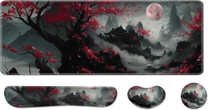 Desk Pad and Keyboard Wrist Rest,Janpense Large Mouse Pad + Keyboard Pad+Mouse Wrist Support, Non-Slip Desk Mat Protector for Office, Home 31.5×11.8 Inches Cherry Blossom